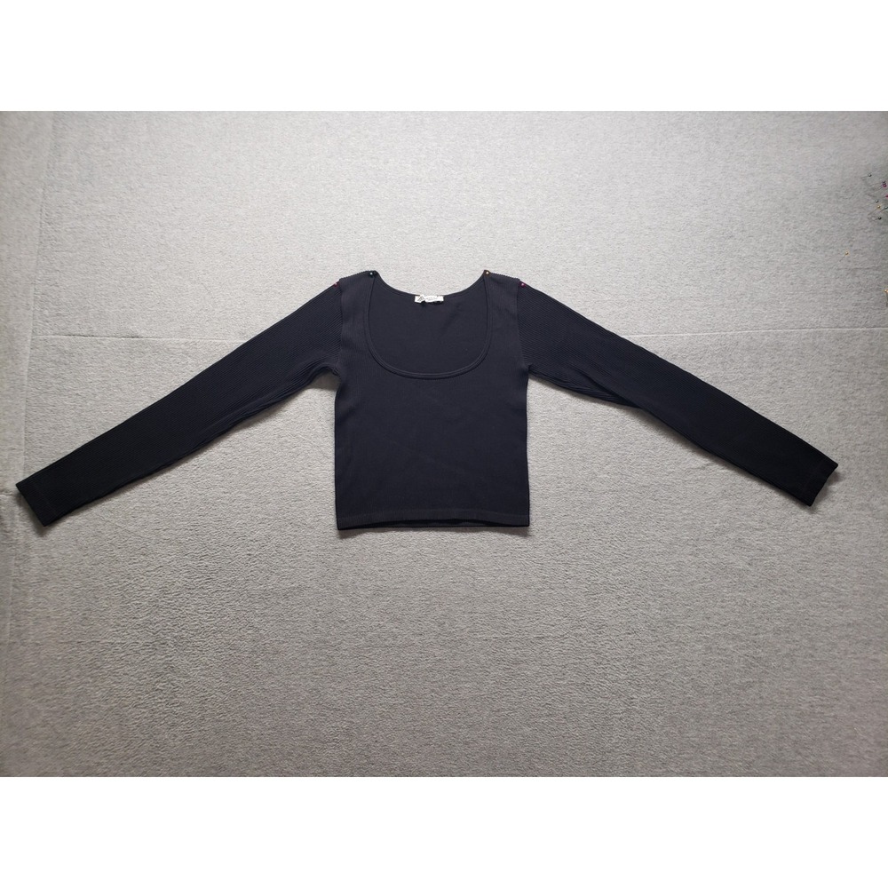 Zara Women Cropped Top XS Black Scoop Neck Long Sleeve Pullover Slim Logo Casual